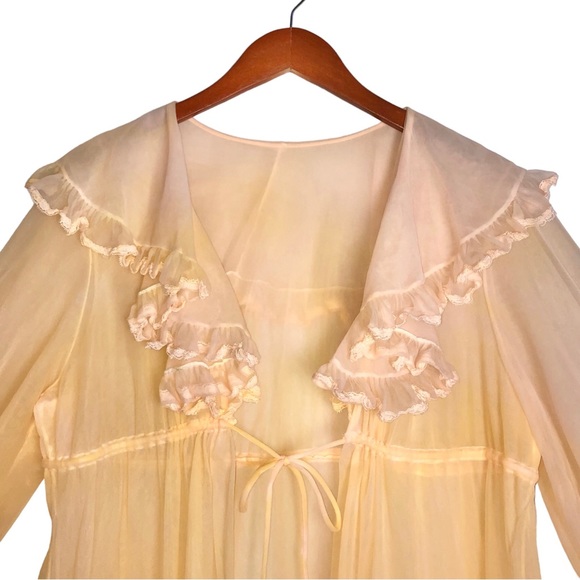 VTG 70s Sunset Ombre Sheer Mesh Ruffle Long Sleeve Lace Trim Duster Robe - Picture 3 of 8
